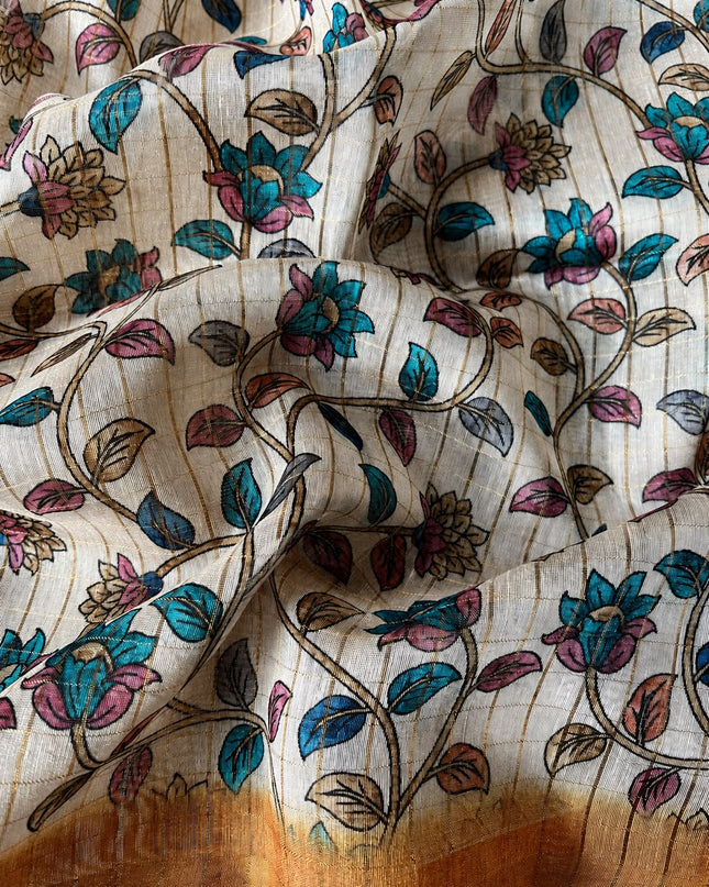 Tusser Silk Saree With All over Golden Checks Design and Kalamkari Pallu - Mustard