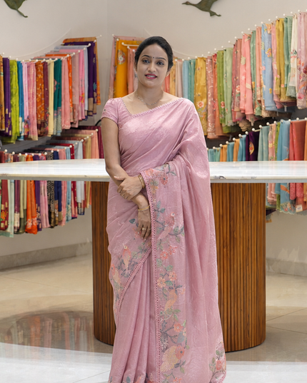 Satin Silk Saree With  Self Embroidery Design Border - pink