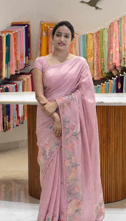 Satin Silk Saree With  Self Embroidery Design Border - pink