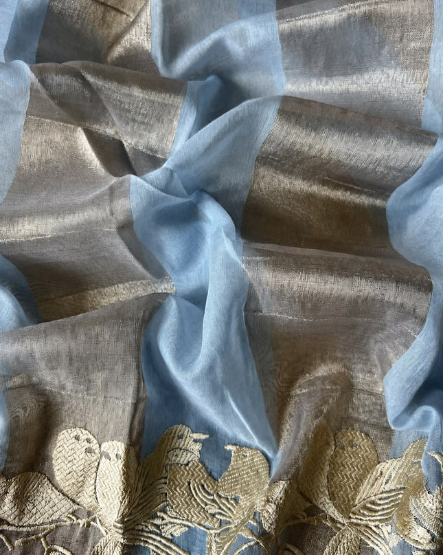 Soft Orznga  Saree With Tissue Stripes and Thread Embroidery Work Scallop Border  - Light Blue