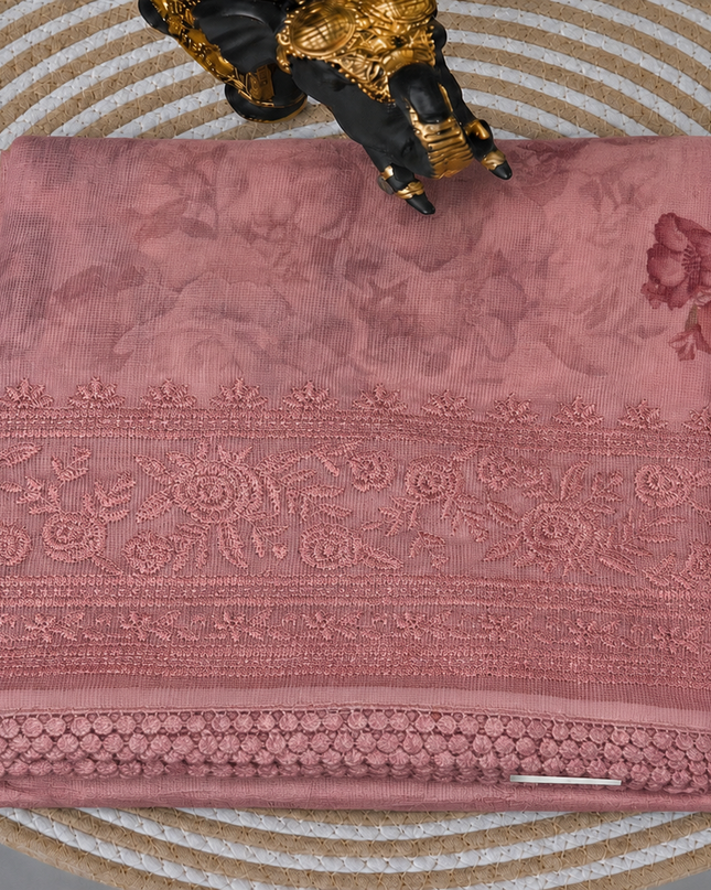 Silk Kota Saree with Floral Print and Thread Embroidery work Border with Lace - Light Pink