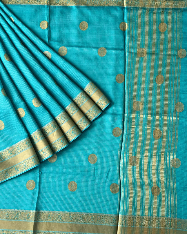 Green Silk Saree with Checks Design and Golden Butties and Gold  Border - Sky Blue