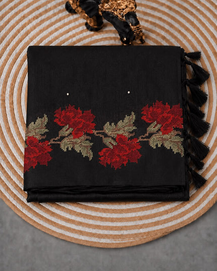 Jute Tusser Silk Saree With Cross Stich Work Border- Black