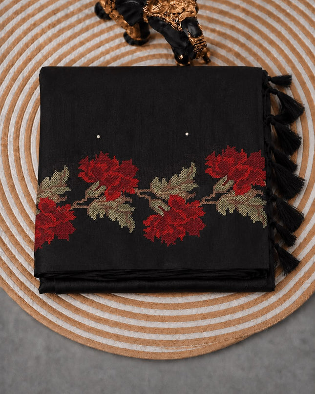 Jute Tusser Silk Saree With Cross Stich Work Border- Black