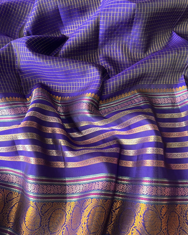 Pure Pattu Saree With Golden Check Weaving and Flower Buttes and Gap Border - Maroon