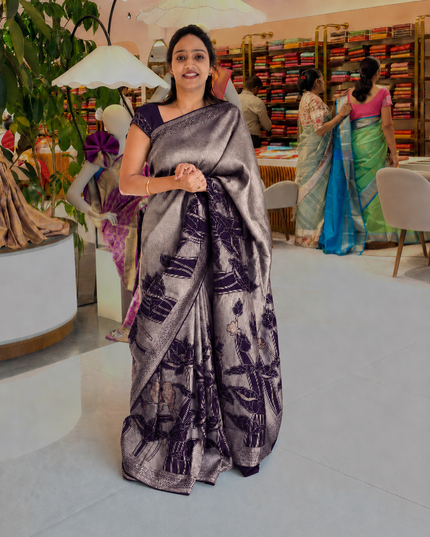 Heritage Banaras Saree With Gold and Silver Zari Weaving Lotus Design - Violet