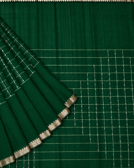 Mangaligiri Silk  Saree with  Thread  Weaving Checks Design and Golden Zari Temple  Border - Bottle Green