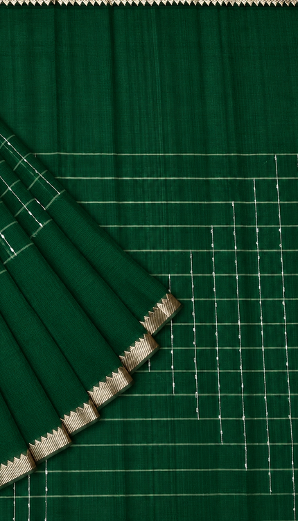 Mangaligiri Silk  Saree with  Thread  Weaving Checks Design and Golden Zari Temple  Border - Bottle Green