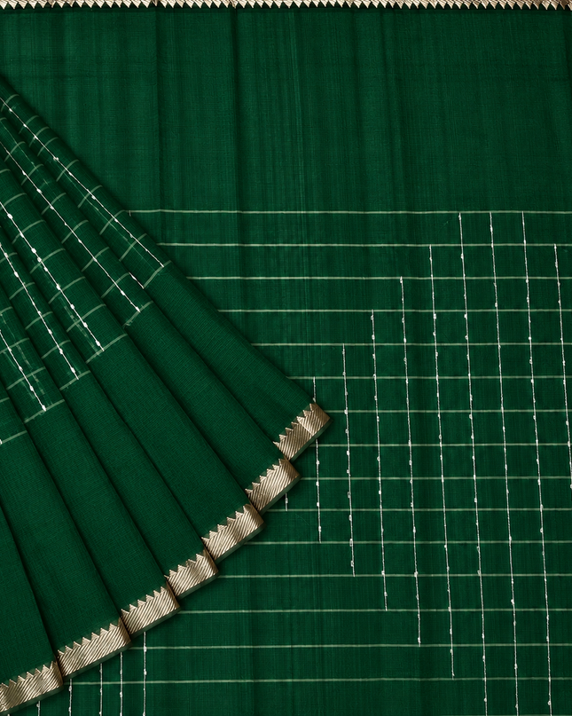 Mangaligiri Silk  Saree with  Thread  Weaving Checks Design and Golden Zari Temple  Border - Bottle Green