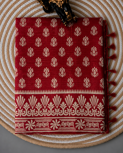 Pure Silk Saree With All Over Block Print - Red