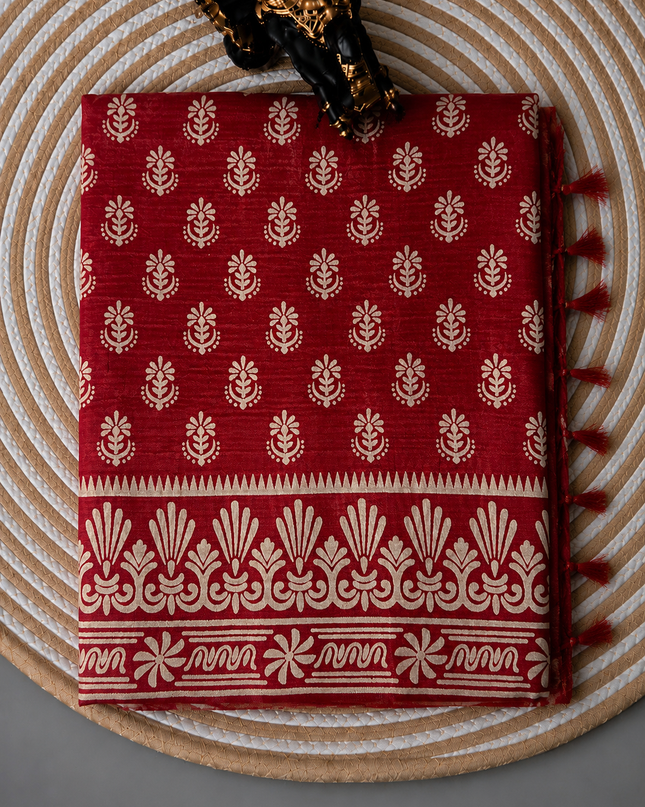 Pure Silk Saree With All Over Block Print - Red