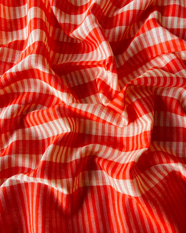 Cotton Saree With Checks Design and Tassels - Orange