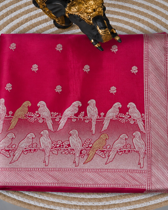 Mashru Banaras saree with Silver butties and Silver Kaddi border - Rani Pink