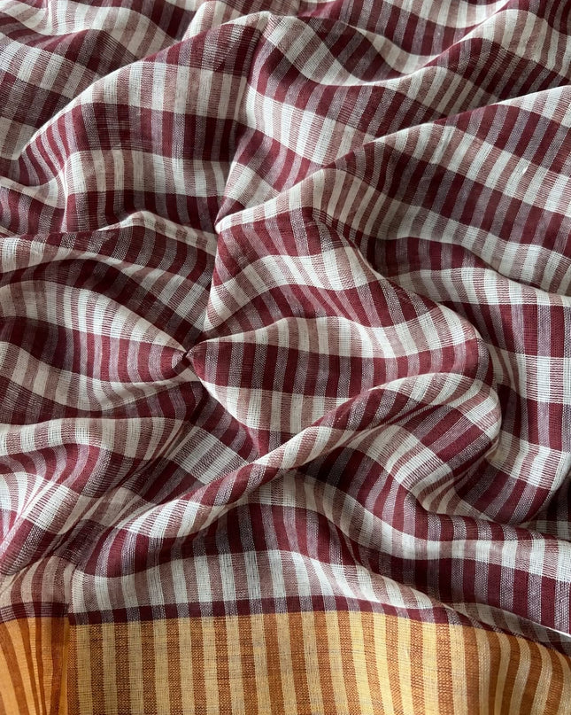 Cotton Saree With Checks Design and Tassels - Maroon