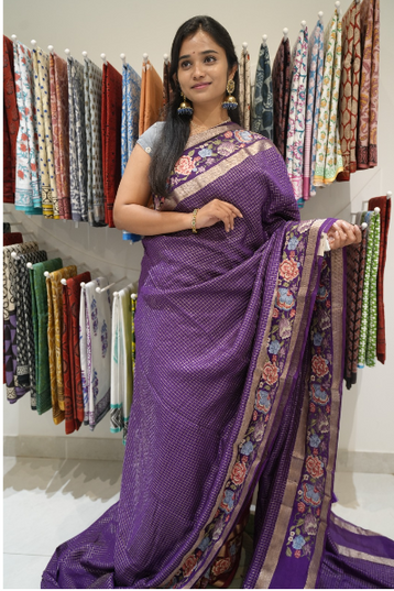 munga silk saree with allover checks,parsi work and gap border-violet