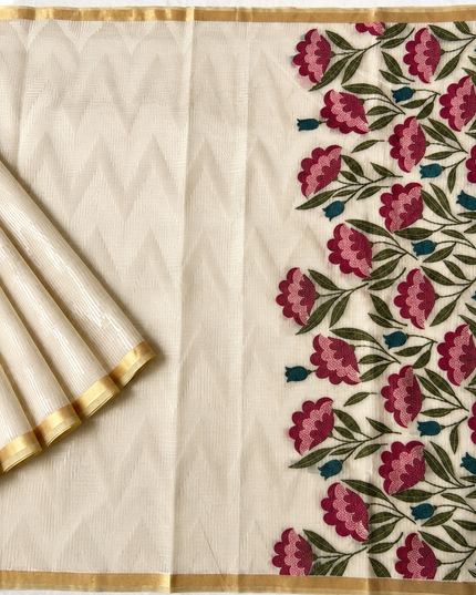 Cotton Chanderi  Jamdani Saree with Self Weaving Floral Design - Cream & Maroon