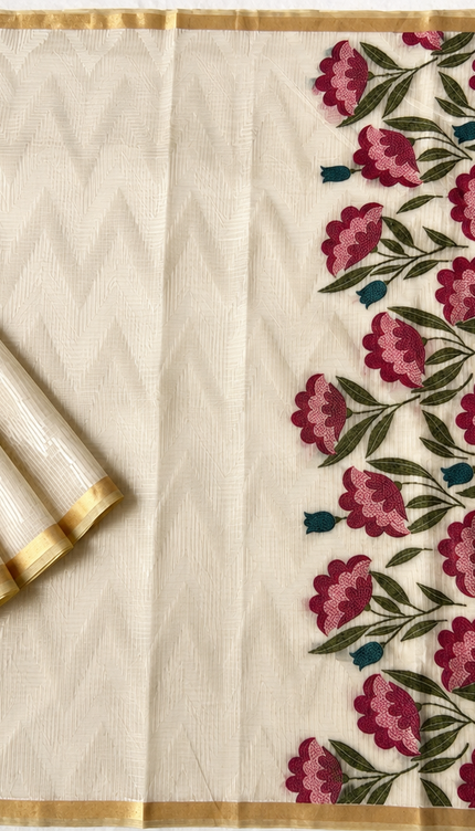 Cotton Chanderi  Jamdani Saree with Self Weaving Floral Design - Cream & Maroon