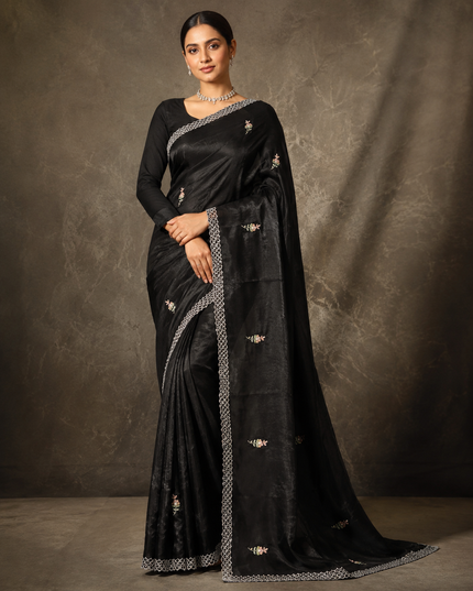 Satin Saree With Kardhana Work and Scallop Border-Black