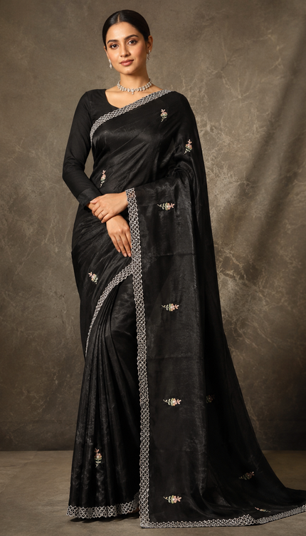 Satin Saree With Kardhana Work and Scallop Border-Black