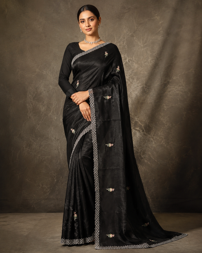 Satin Saree With Kardhana Work and Scallop Border-Black