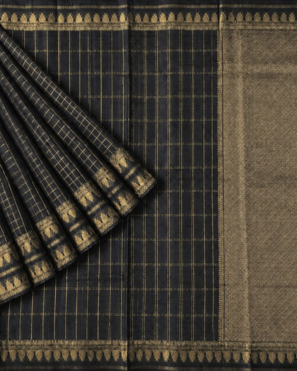 Green Silk Saree with Checks Design And Temple Design Border - Black
