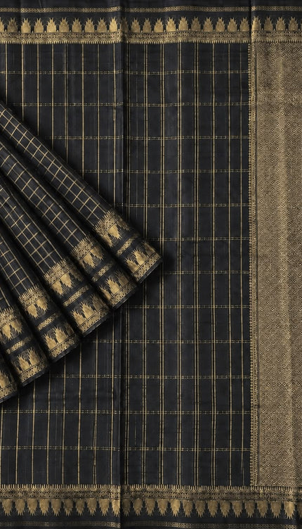 Green Silk Saree with Checks Design And Temple Design Border - Black
