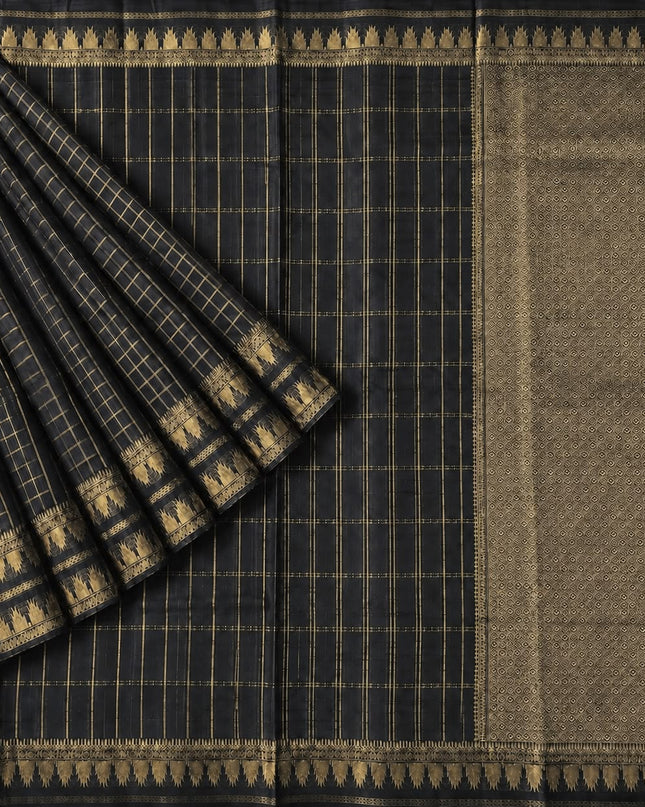 Green Silk Saree with Checks Design And Temple Design Border - Black