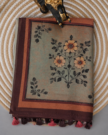 Tusser Silk Saree with Floral Print  contrast Border  - Brown