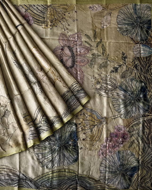 Tusser Silk Saree With Floral Print and Contrast Border - Mehandi Green