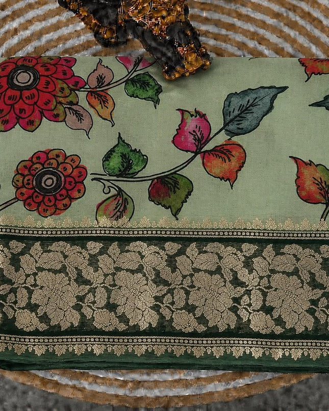 Chanderi Saree with  Floral Print Contrast Border - Green & Bottle Green