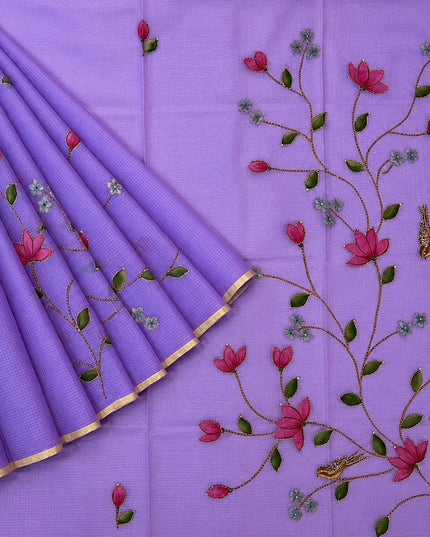 Kota Silk Saree with All over Thread Weaving Flower Butties and Golden Border -  Lavender