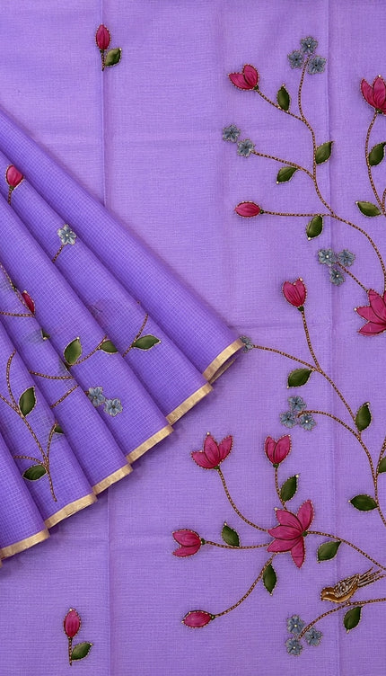 Kota Silk Saree with All over Thread Weaving Flower Butties and Golden Border -  Lavender