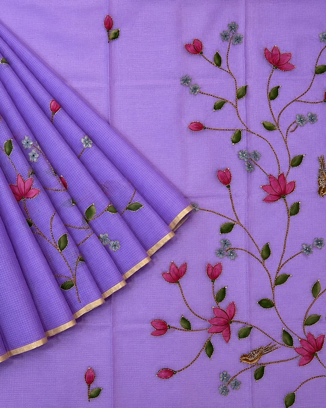 Kota Silk Saree with All over Thread Weaving Flower Butties and Golden Border -  Lavender