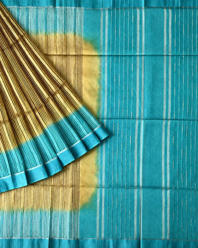 Chanderi Saree with Self Weaving  Lines contrast Border -  Mehandi Green & Sky Blue
