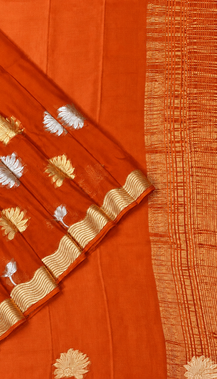 Wrinkle crepe saree with Gold and Silver Zari Butties with Golden Zari Border - Light Orange