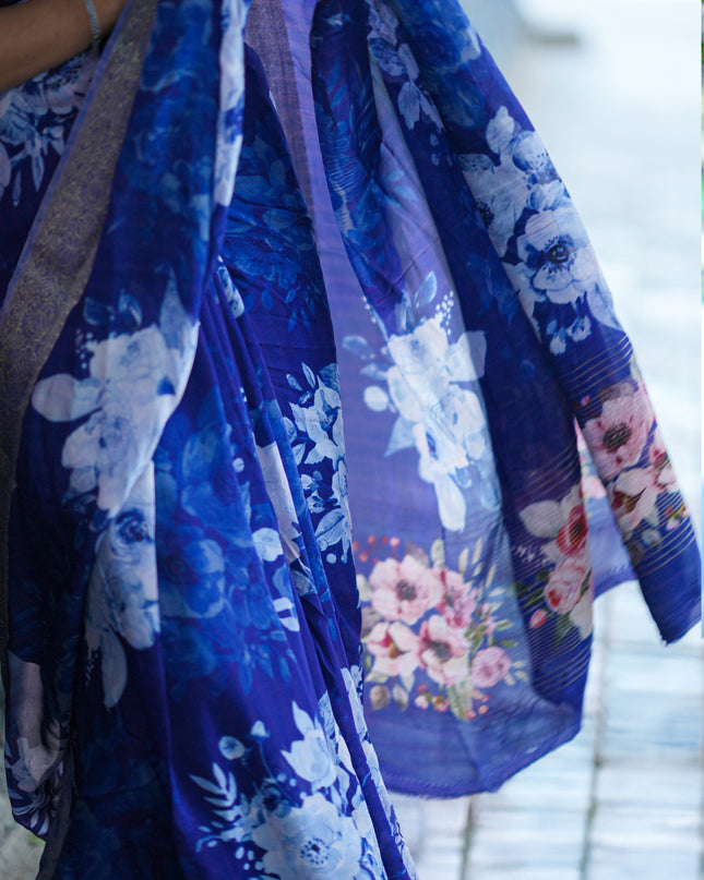 Binny Crepe Saree Floral Print With Golden Zari Border - Royal Blue