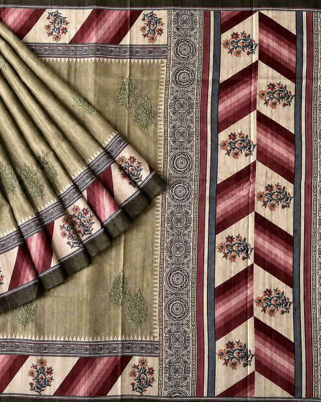 Tusser Saree With All Over Thread Embroidery  Work Flower Print Border - Mehandi Green
