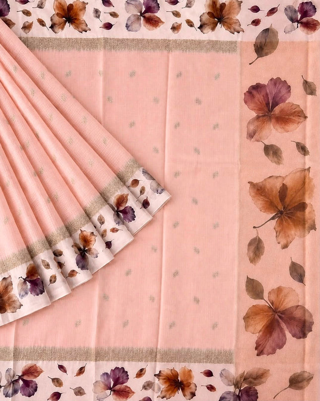Kota Silk saree with Golden Buttes and Satin Borer Floral Print - Coral