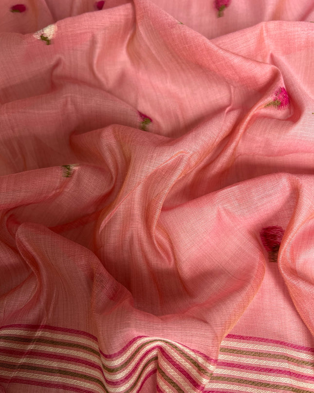 Chanderi Saree with Self Weaving Floral Design -Pink