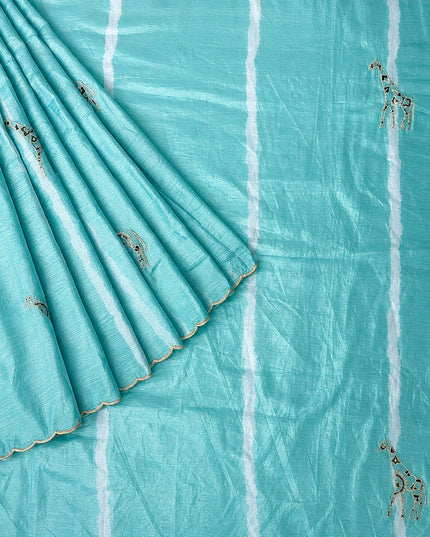 Soft  Orznga  Saree With Applique work and scallop Border- Sky Blue