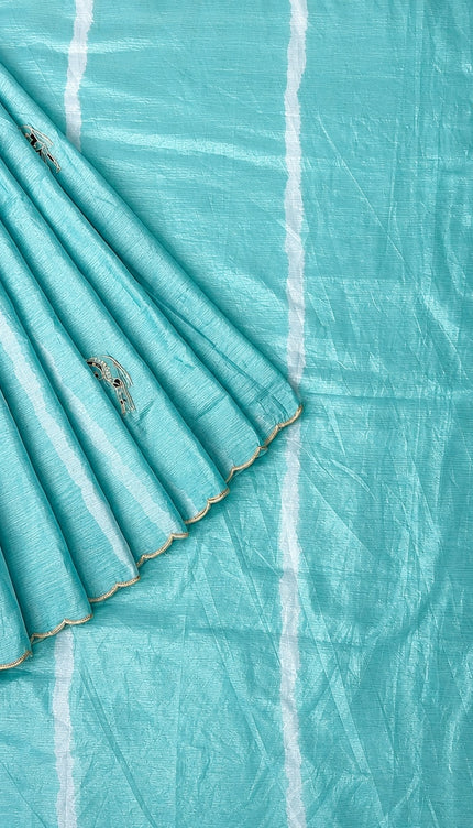 Soft  Orznga  Saree With Applique work and scallop Border- Sky Blue