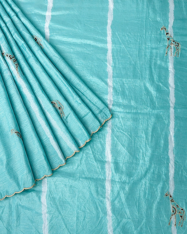 Soft  Orznga  Saree With Applique work and scallop Border- Sky Blue