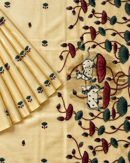 Linen Tissue Saree with Multi Stripes and Pichwai Border -Light Yellow