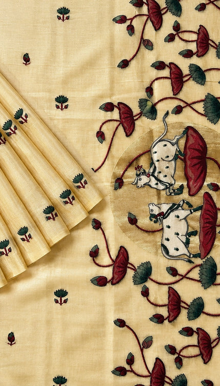 Linen Tissue Saree with Multi Stripes and Pichwai Border -Light Yellow