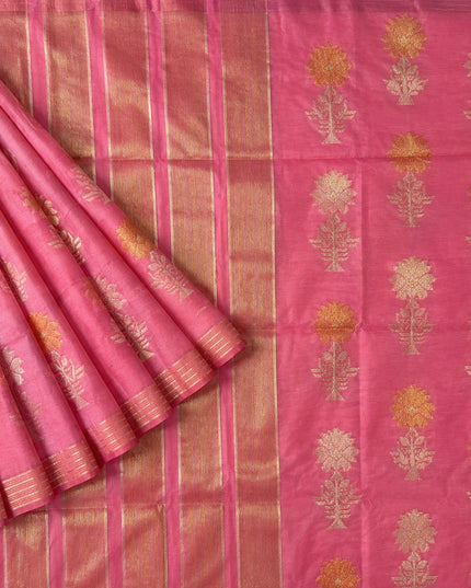 Kora  Silk Saree with Self Weaving Floral Design -  Pink