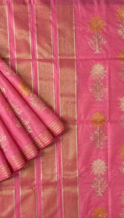 Kora  Silk Saree with Self Weaving Floral Design -  Pink