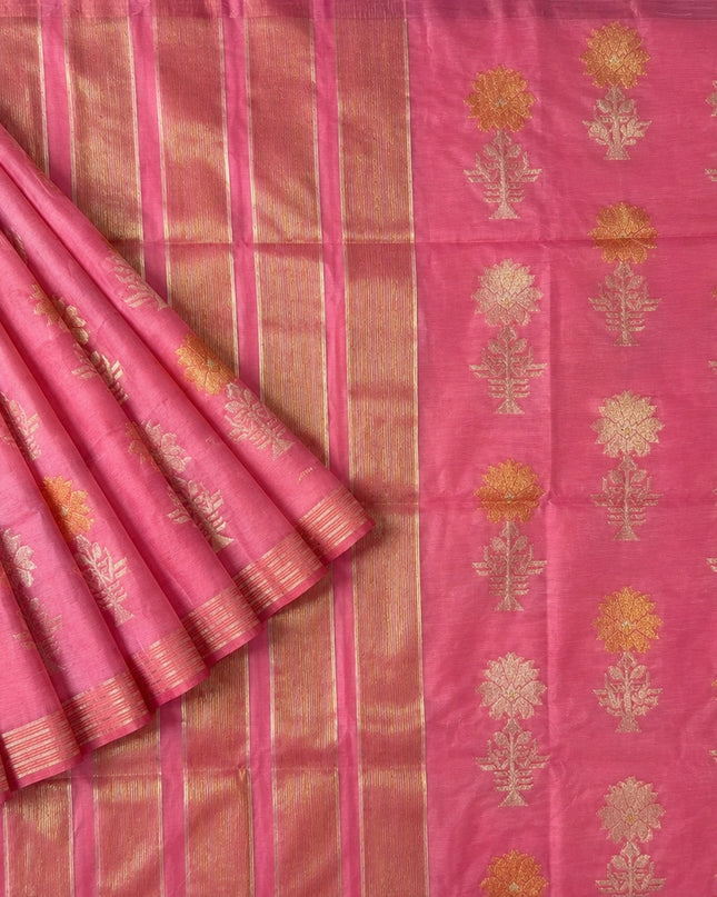 Kora  Silk Saree with Self Weaving Floral Design -  Pink