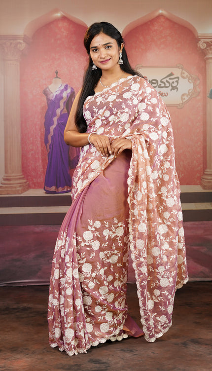 Tissue Georgette all Over Chicken Kari Work with Scallop Border - Light Maroon