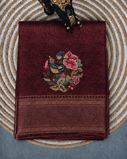 Banaras saree Self Weaving  Floral Butties  and Kaddi Border - Maroon