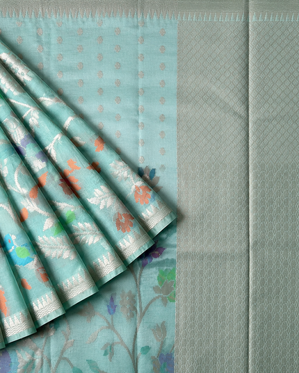 Chanderi  Silk Saree with All over Jamdani weaving style and golden Zari border - Light Green